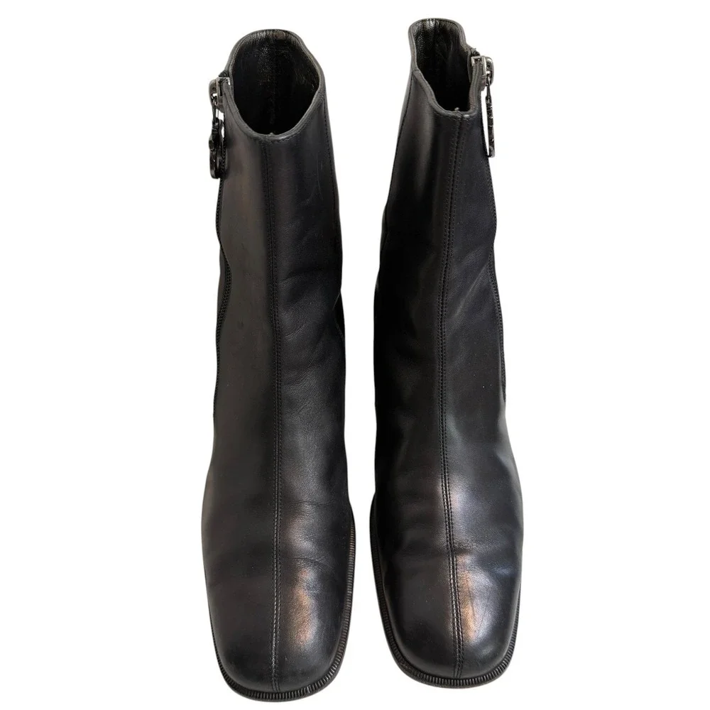 Salvatore Ferragamo Black Leather Gancini Ankle Boots Square Toe Block Heel 9.5
